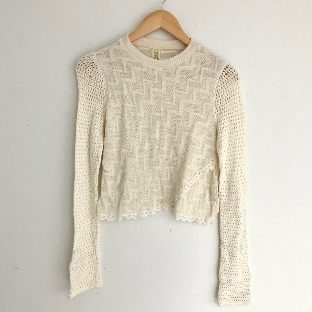 Free People Crocheted Cream Cropped Sweater